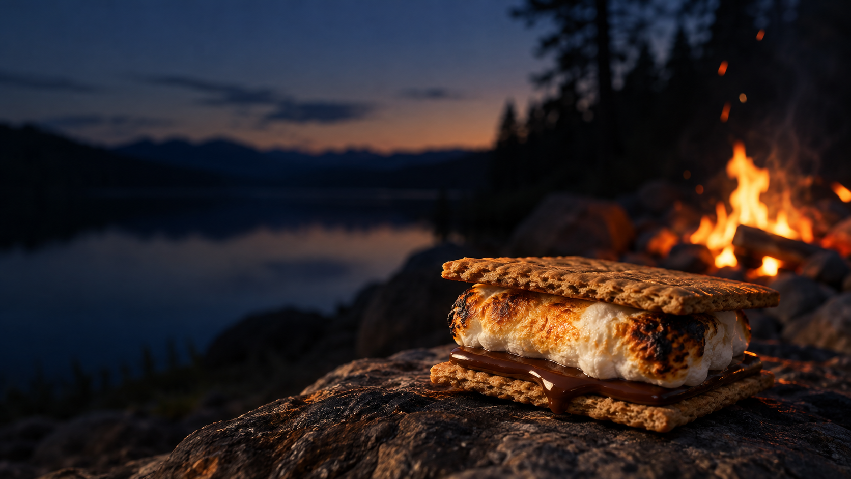A warm, gooey s’more beside a glowing campfire at dusk